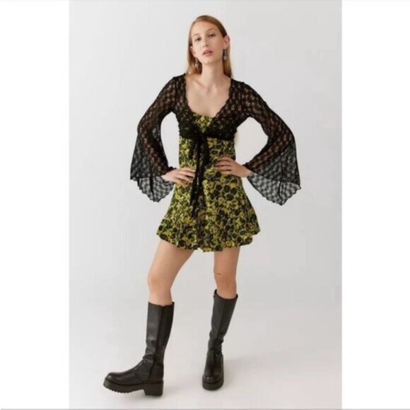 Urban Outfitters | Camille Mini Frock Dress Yellow Green Digitized Floral Small - Picture 15 of 16